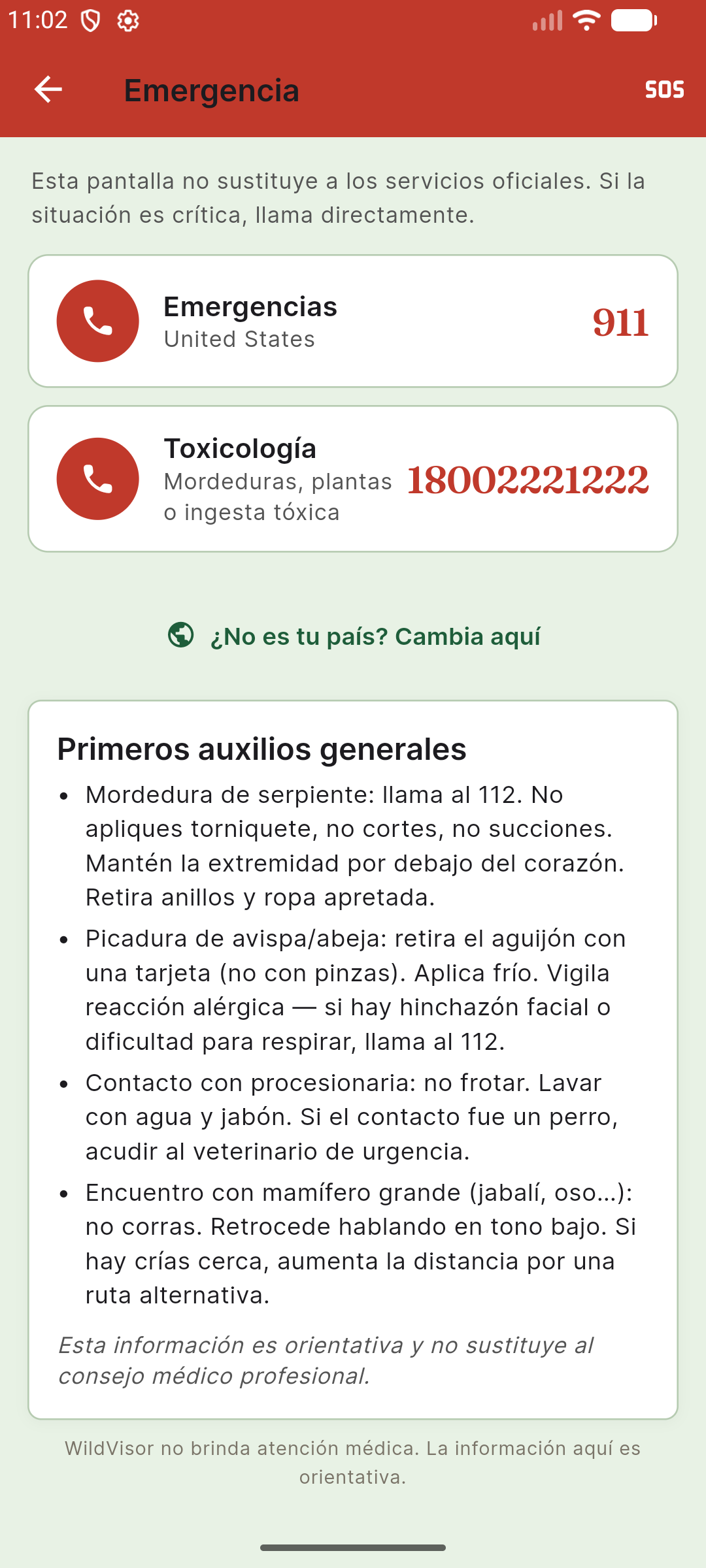 Pantalla de emergencia con números por país