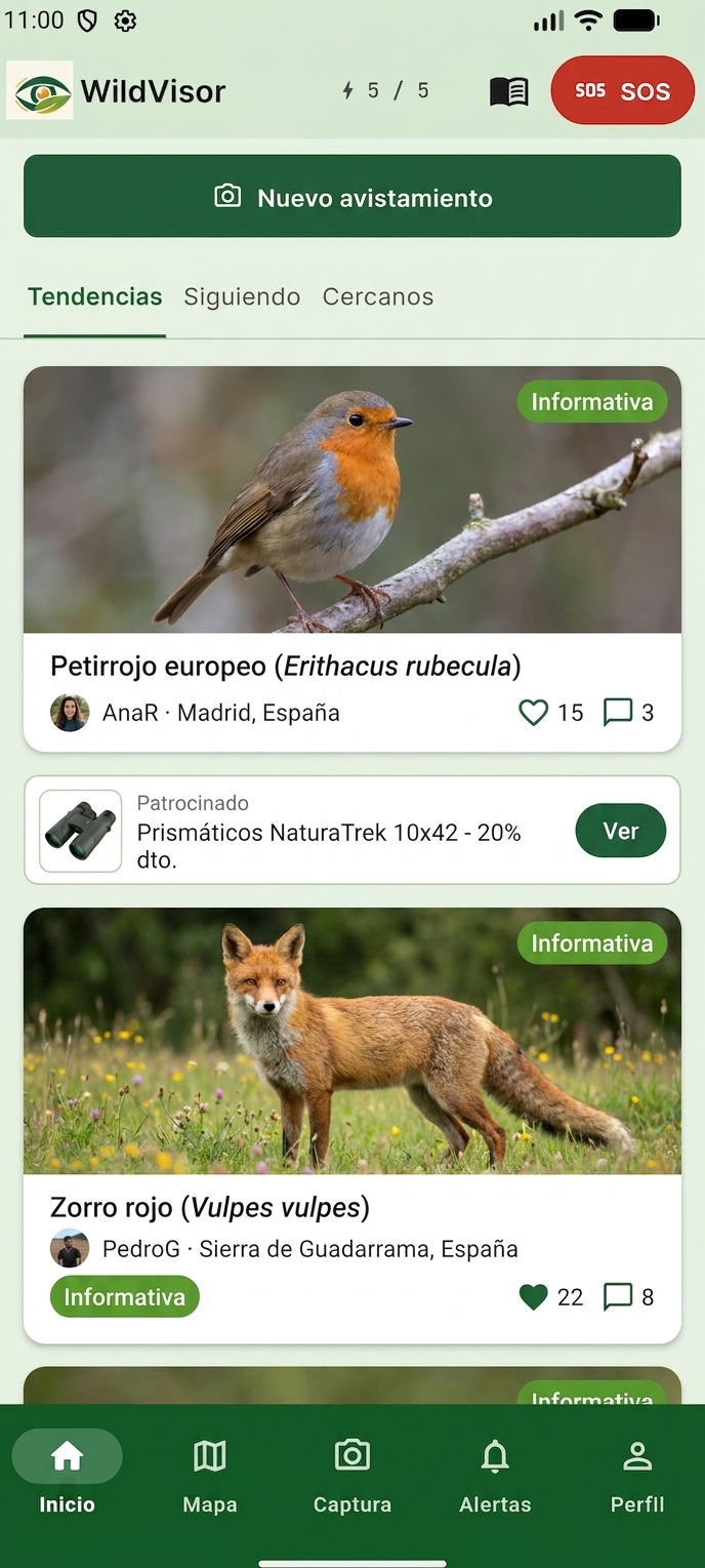 Pantalla de inicio de WildVisor en un teléfono