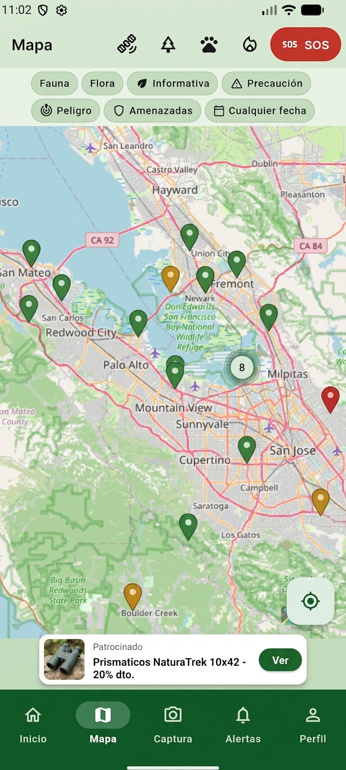 Mapa con avistamientos y parques